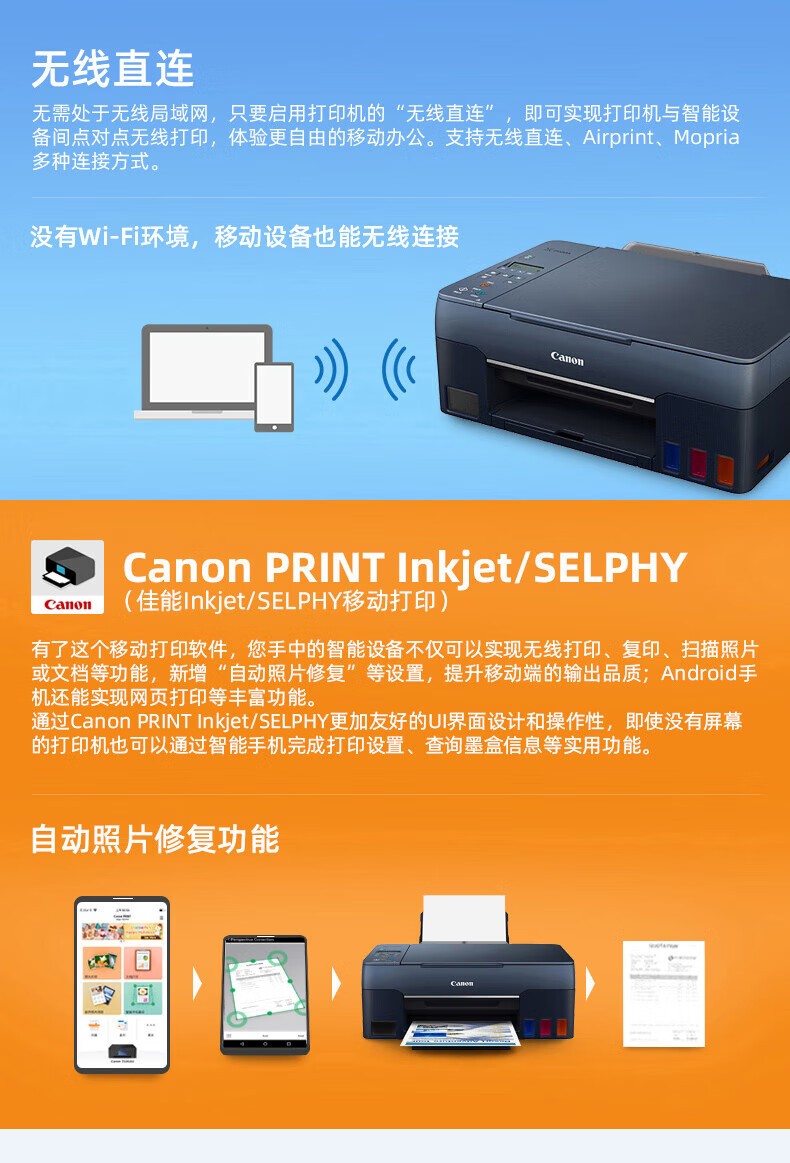 佳能（Canon）G3860 大容量可加墨彩色多功能无线一体机（打印/复印/扫描/作业/照片打印 微信远程打印 家用）